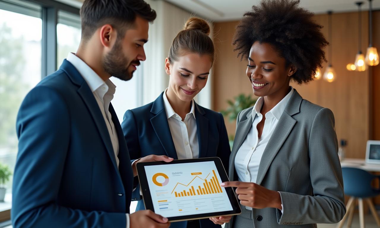 Professionnels en réunion discutant de stratégies commerciales.
